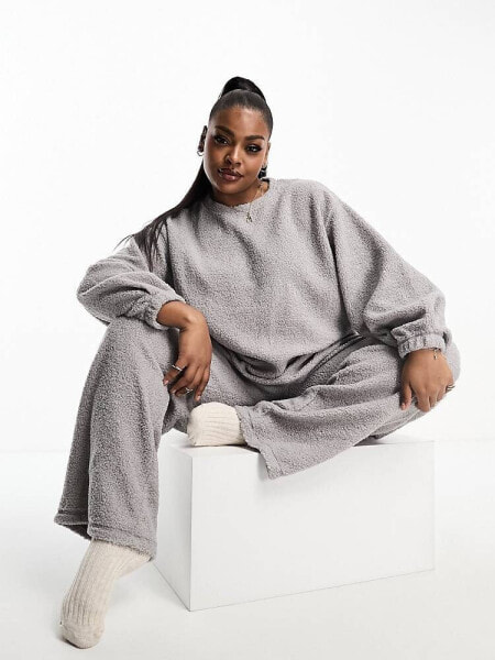 ASOS DESIGN Curve exclusive lounge borg sweat & wide leg trouser set in grey 