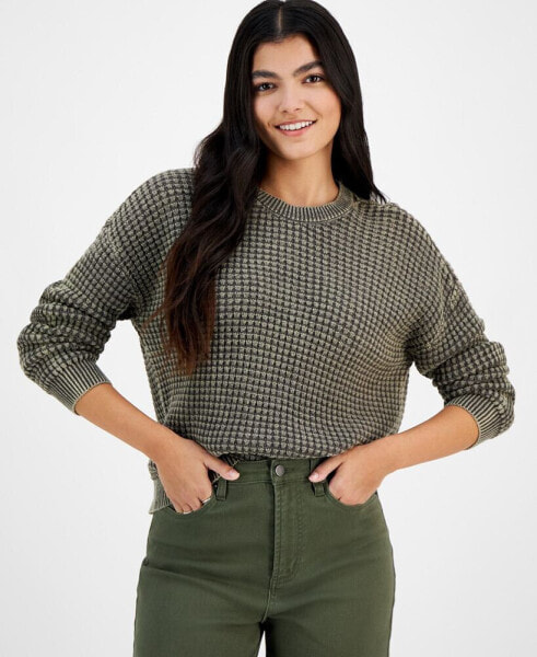 Juniors' Cotton Waffle-Knit Crewneck Sweater