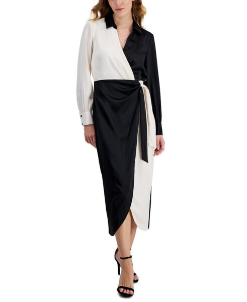 Women's Long-Sleeve Faux-Wrap Midi Dress