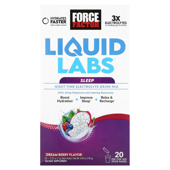 Liquid Labs Sleep, Night Time Electrolyte Drink Mix, Dream Berry, 20 Stick Packs, 0.25 oz (7 g) Each