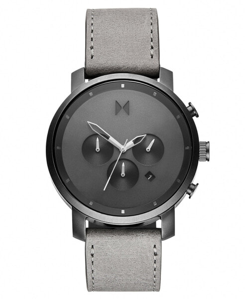 Мужские наручные часы с серым кожаным ремешком MVMT Chronograph Chrono Monochrome Gray Leather Strap Watch 45mm
