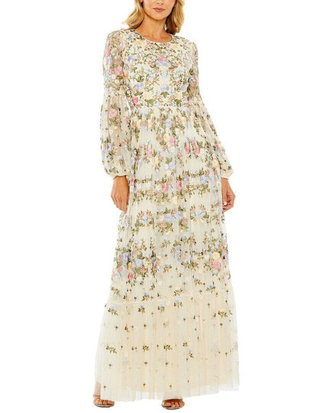 Mac Duggal High Neck Floral Embroidered Puff Sleeve Gown Women's