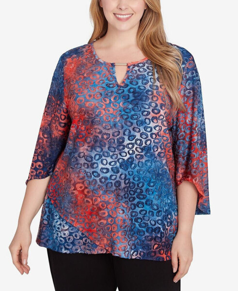 Plus Size Scoop Neck with Bar Detail Tie Dyed Spots Jacquard Knit Top