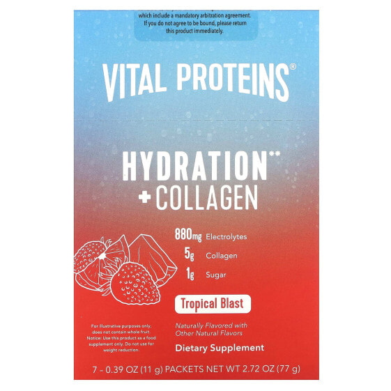 Электролиты Vital Proteins Hydration + Collagen, Tropical Blast, 7 пакетиков, 0.39 унции (11 г) каждый.