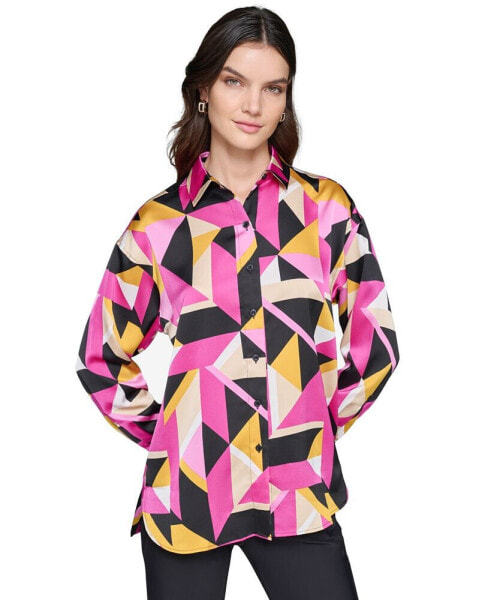 Women's Oversized Printed Button-Down Top, Regular & Petite