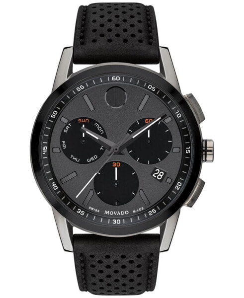 Men's Swiss Chronograph Museum Sport Black Perforated Leather Strap Watch 43mm