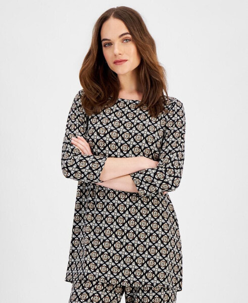 Women's Boatneck Printed 3/4-Sleeve Top, Created for Macy's