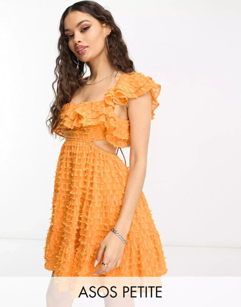 ASOS DESIGN Petite – Mini-Skaterkleid in Orange mit Zierausschnitt und Rüschen