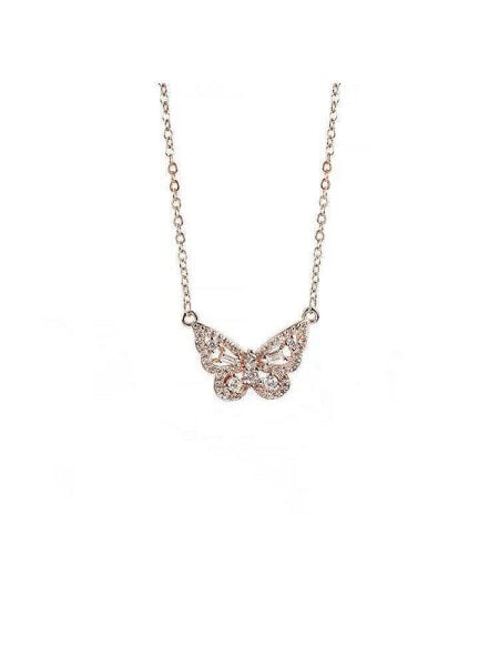 Elegant 18k Rose Gold Butterfly Pendant Necklace with Sparkling Cubic Zirconia Stones