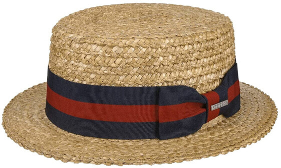 Stetson Boater Weizenstrohhut - Naturfarbener Hut mit blau-rotem Ripsband - Klassischer Sommerhut mit UV-Schutz 40+ - Damen & Herren - Frühjahr/Sommer