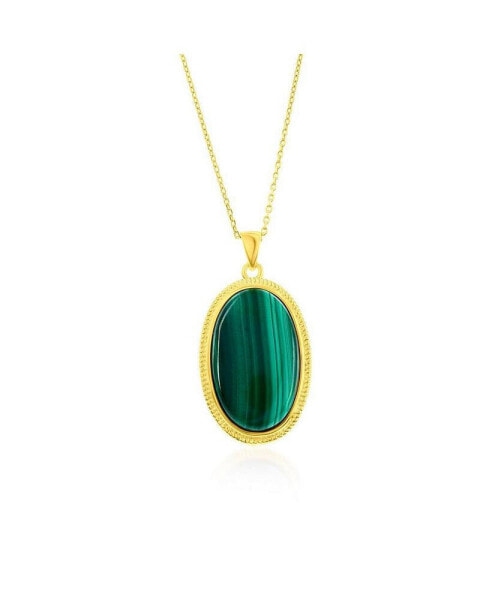 Sterling Silver or Gold plated over Sterling Silver Oval Malachite Beaded Border Pendant Necklace