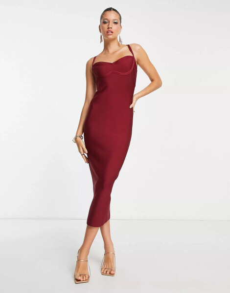 Rare London bandage bodycon midi dress in wine