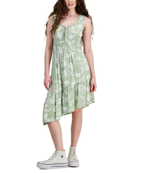 Juniors' Smocked Asymmetrical Hem Midi Dress