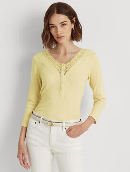 Lauren Ralph Lauren Lace Trim Henley Top Yellow Bloom M