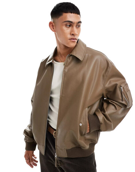 ASOS DESIGN oversized faux leather bomber jacket in brown