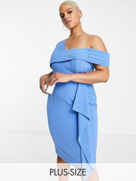 Lavish Alice Plus asymmetric off shoulder midi dress in blue