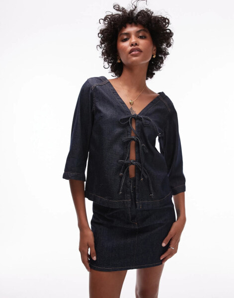 Topshop denim tie up front top with three quarter length sleeves in indigo