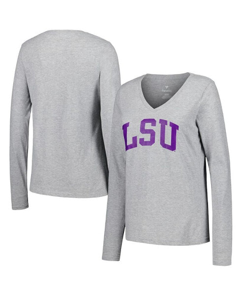 Women's Heather Gray LSU Tigers Basic Arch Long Sleeve V-Neck T-shirt