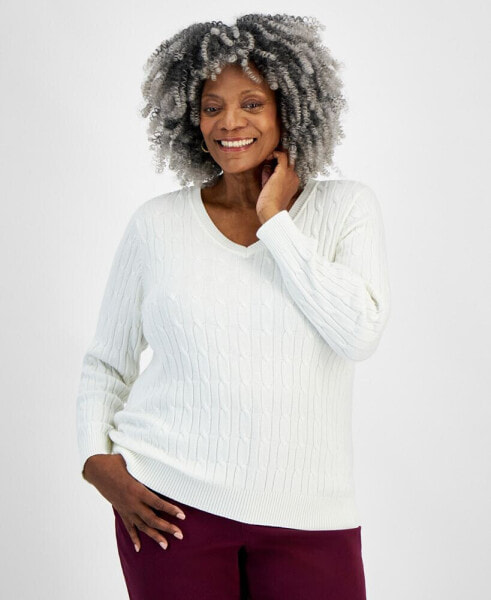 Plus Size Cotton Cable-Knit V-Neck Sweater, Created for Macy's