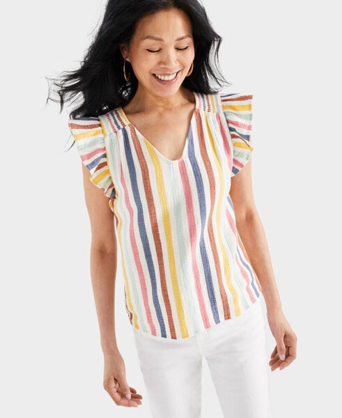 Petite Striped Gauze Flutter Sleeve Top, Created for Macy's