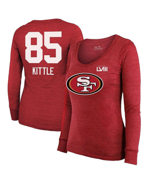 Women's Threads George Kittle Scarlet San Francisco 49ers Super Bowl LVIII Scoop Name and Number Tri-Blend Long Sleeve T-shirt