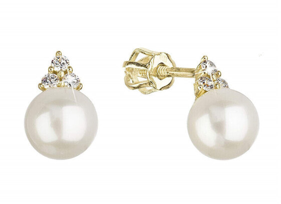 Delicate gold earrings with zircons and real pearls 91PZ00025