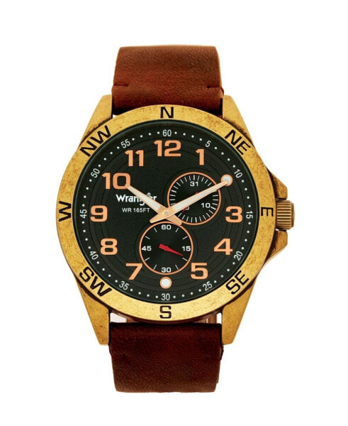 Men's Watch, 48MM Antique Brass Plated Case, Compass Directions on Bezel, Black Dial, Antiqued Arabic Numerals, Multi Function Date and Second Hand Subdials, Brown Leather Strap