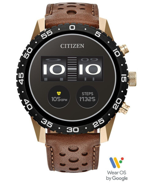 Unisex CZ Smart Wear OS Brown Perforated Leather Strap Smart Watch 45mm