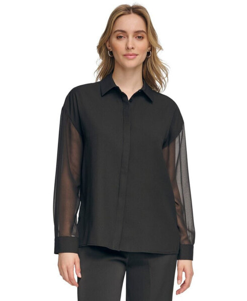 Women's Chiffon Sleeve Button Down Blouse