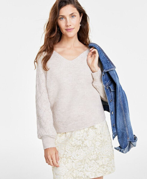 Women's V-Neck Pointelle-Sleeve Sweater, Created for Macy's