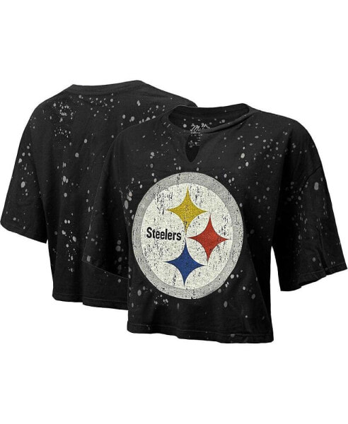 Women's Threads Black Distressed Pittsburgh Steelers Bleach Splatter Notch Neck Crop T-shirt