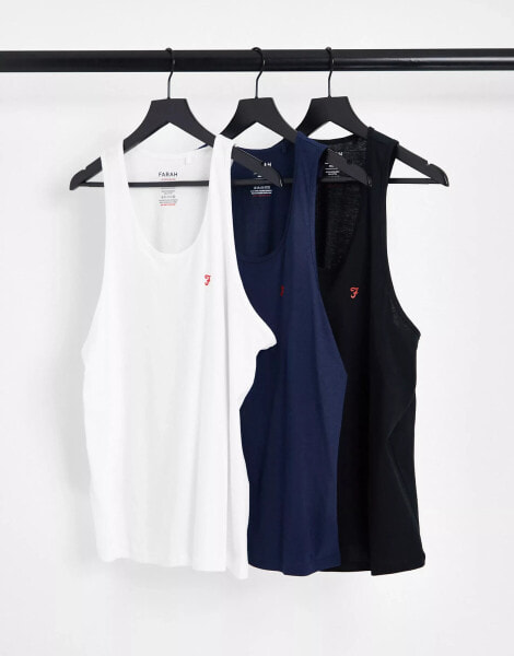 Farah Gallo 3 pack vests in white blue and black