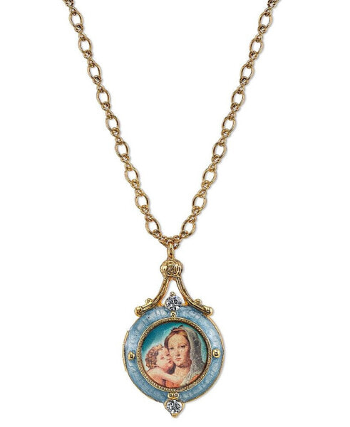 14K Gold-Dipped Blue Enamel Mary and Child Locket Necklace 18"