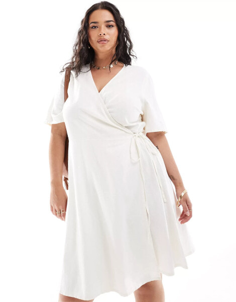 ONLY Curve wrap linen mix mini dress in cream