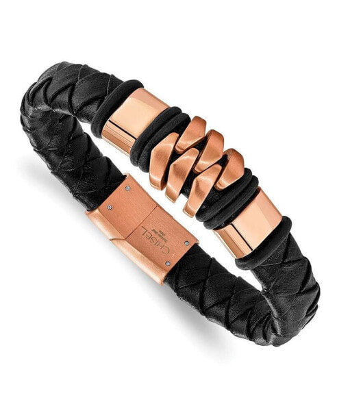 Stainless Steel Brushed Rose IP-plated Black Leather Bracelet