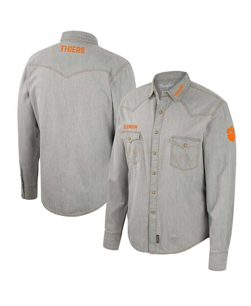 Men's x Wrangler Gray Clemson Tigers Cowboy Cut Western Full-Snap Long Sleeve Shirt
