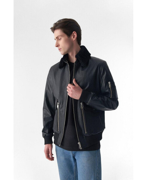 Men's Detachable Shearling Collar Leather Jacket, Jumbo Black