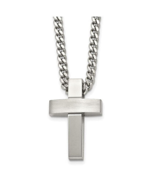 Brushed and Polished Cross Pendant on a Curb Chain Necklace