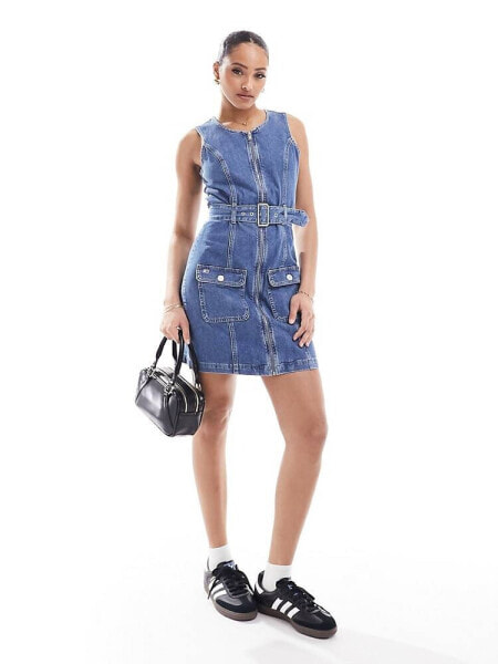 Tommy Jeans Belted Zip-Thru Denim Bodycon Dress in Blue