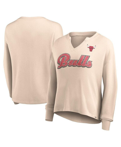 Women's Tan Distressed Chicago Bulls Go For It Long Sleeve Notch Neck T-shirt