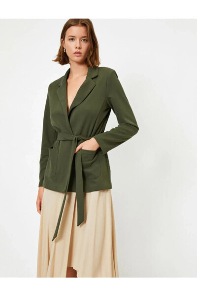 Kadın Yeşil Cepli Kemerli Ceket