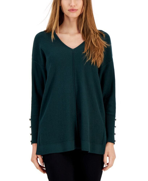 Women's Seamed-Front Button-Cuff V-Neck Sweater