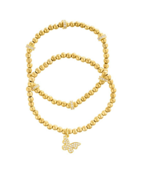 Gold Plated Pair of Bead Bracelets with Crystal Butterfly