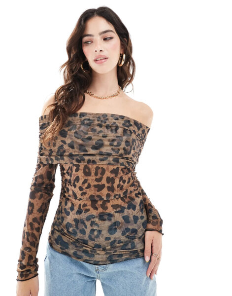 JJXX off the shoulder mesh top in leopard print