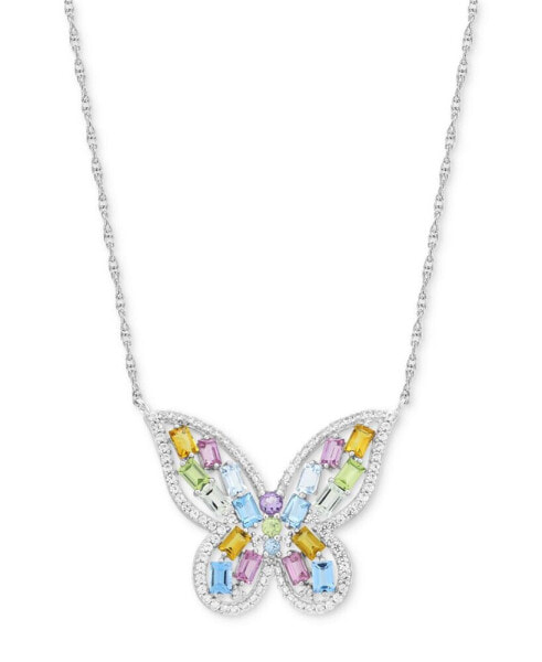 Multi-Gemstone Butterfly 18" Pendant Necklace in Sterling Silver