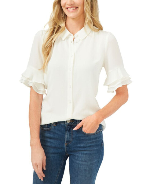 Women's Short Sleeve Ruffle Sleeve Button Down Blouse