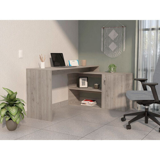 Antlia L-Shaped Writing Desk, Two Shelves, Single Door Cabinet