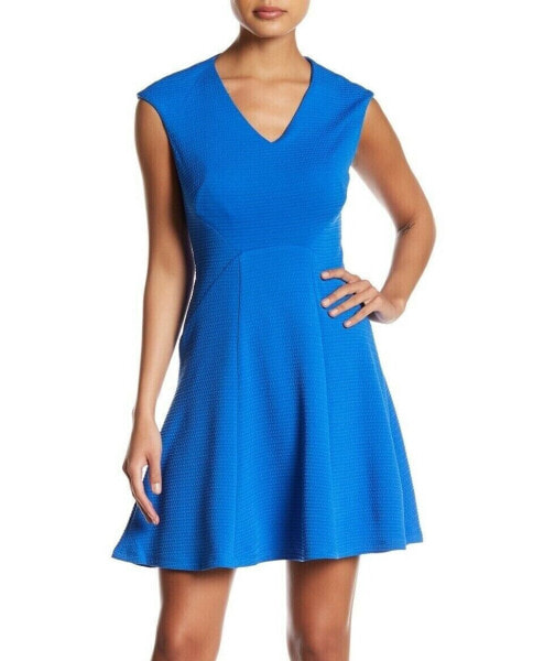 London Times 157917 Women's Fit & Flare Knit Panel Dress Petite Blue Sz. 6P US