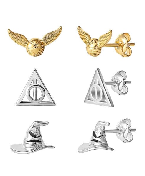 3 Piece Stud Earring Set - Golden Snitch, Deathly Hallows, Sorting Hat