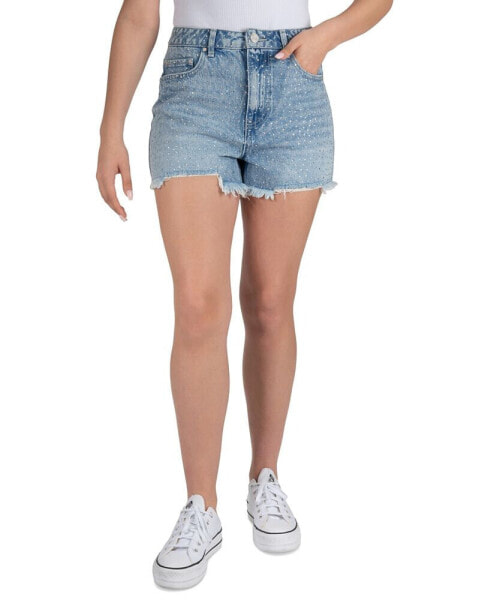 Juniors' Cotton High-Rise Rhinestone Frayed Shorts